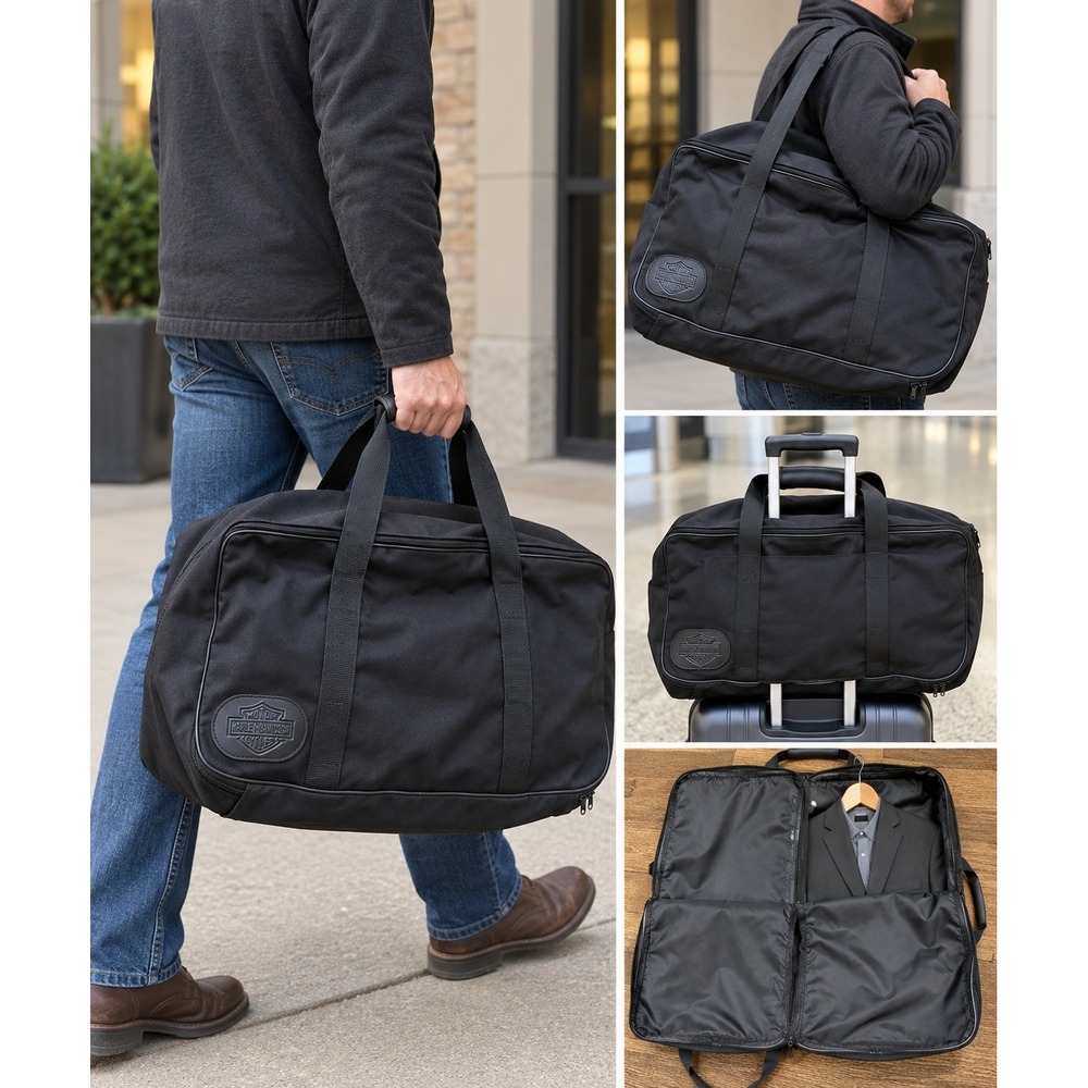 Harley-Davidson Convertible Garment Duffel Bag Black Nylon Travel Luggage Logo
